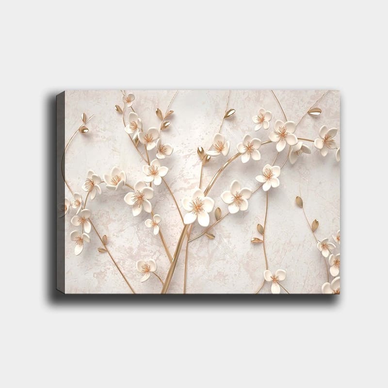 Lærred 70x100 cm - Stiliseret blomsterdesign med hvide blomster og gyldne detaljer, Hvid / Guld