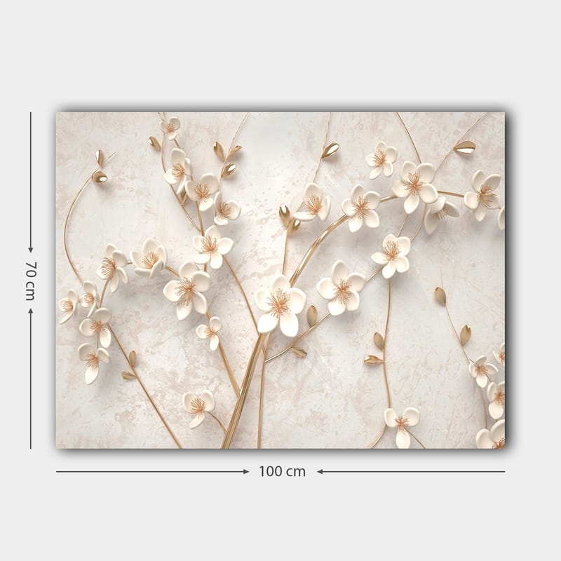 Lærred 70x100 cm - Stiliseret blomsterdesign med hvide blomster og gyldne detaljer - Hvid / Guld - Boligtilbehør - Billeder & kunst - Billeder på lærred