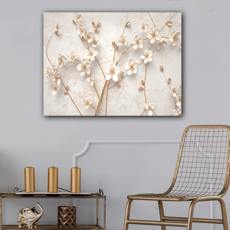 Lærred 70x100 cm - Stiliseret blomsterdesign med hvide blomster og gyldne detaljer - Hvid / Guld - Boligtilbehør - Billeder & kunst - Billeder på lærred