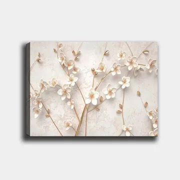 Lærred 70x100 cm - Stiliseret blomsterdesign med hvide blomster og gyldne detaljer - Hvid / Guld - Boligtilbehør - Billeder & kunst - Billeder på lærred