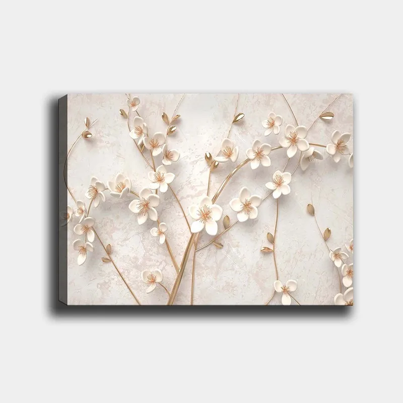 Lærred 70x100 cm - Stiliseret blomsterdesign med hvide blomster og gyldne detaljer, Hvid / Guld