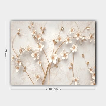 Lærred 70x100 cm - Stiliseret blomsterdesign med hvide blomster og gyldne detaljer - Hvid / Guld - Boligtilbehør - Billeder & kunst - Billeder på lærred