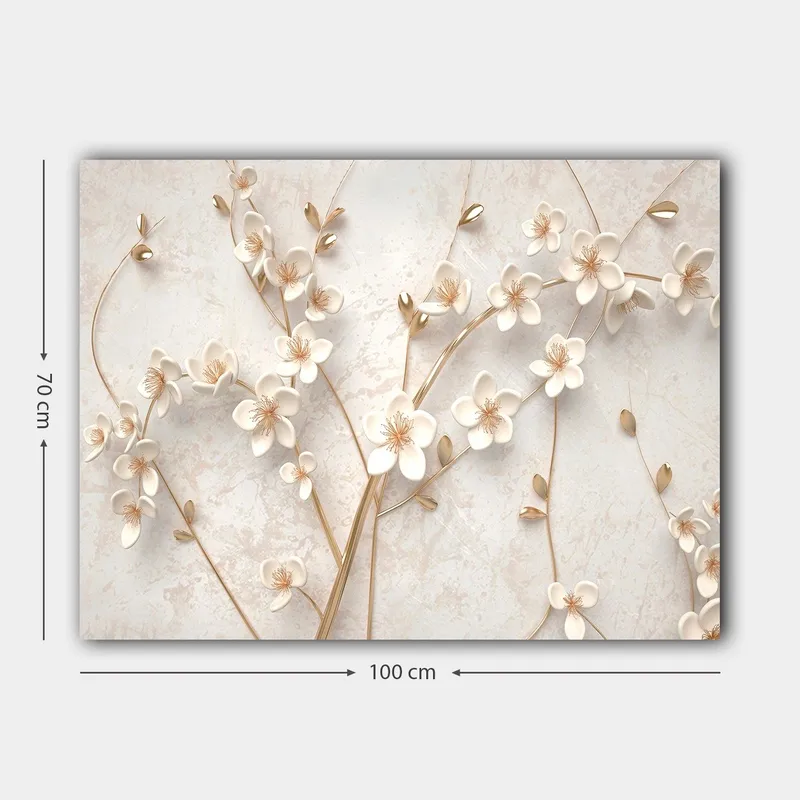 Lærred 70x100 cm - Stiliseret blomsterdesign med hvide blomster og gyldne detaljer - Hvid / Guld - Boligtilbehør - Billeder & kunst - Billeder på lærred