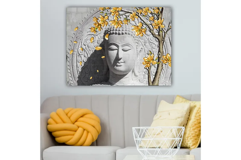 Lærred 70x100 cm - Stiliseret Buddha med blomstrende grene i gul, Grå / Hvid / Gul