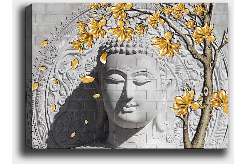 Lærred 70x100 cm - Stiliseret Buddha med blomstrende grene i gul - Grå / Hvid / Gul - Boligtilbehør - Billeder & kunst - Billeder på lærred