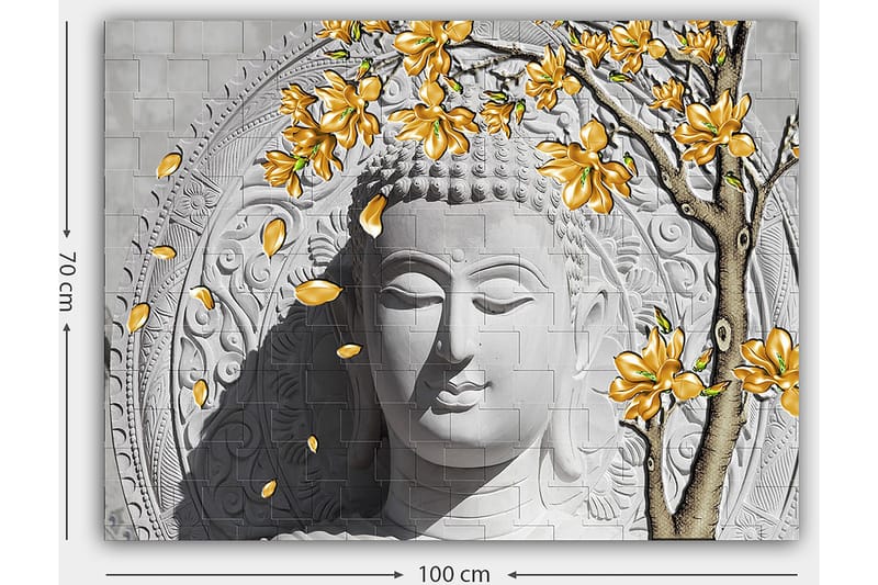 Lærred 70x100 cm - Stiliseret Buddha med blomstrende grene i gul - Grå / Hvid / Gul - Boligtilbehør - Billeder & kunst - Billeder på lærred