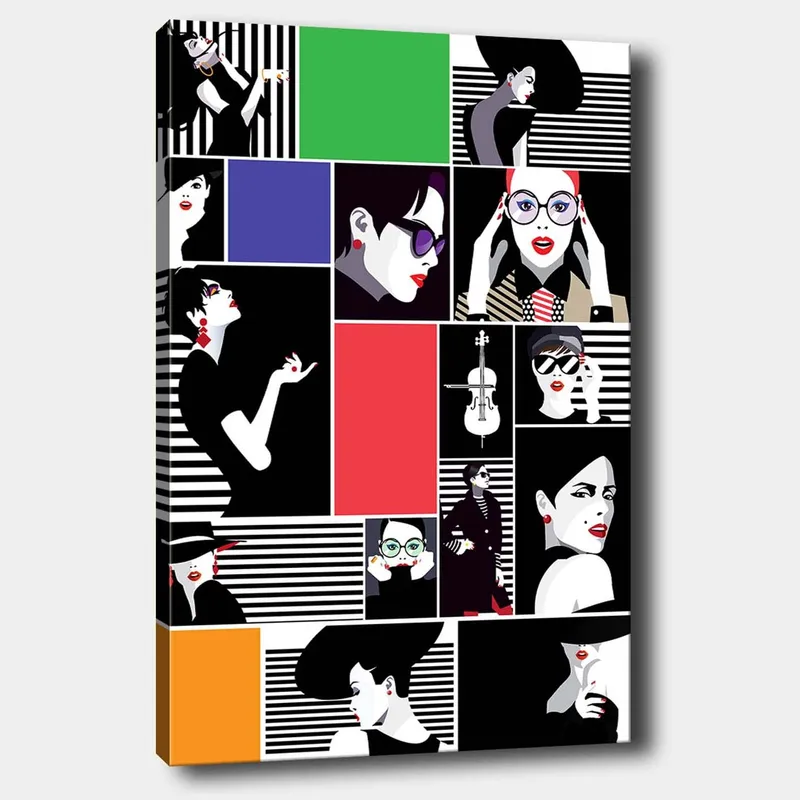 Lærred 70x100 cm - Stiliseret collage af modeikoner med stærke udtryk og forskellige accessories, Sort / Rød / Grøn