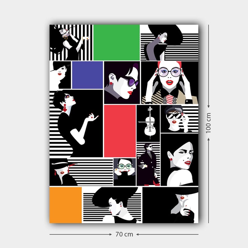 Lærred 70x100 cm - Stiliseret collage af modeikoner med stærke udtryk og forskellige accessories - Sort / Rød / Grøn - Boligtilbehør - Billeder & kunst - Billeder på lærred