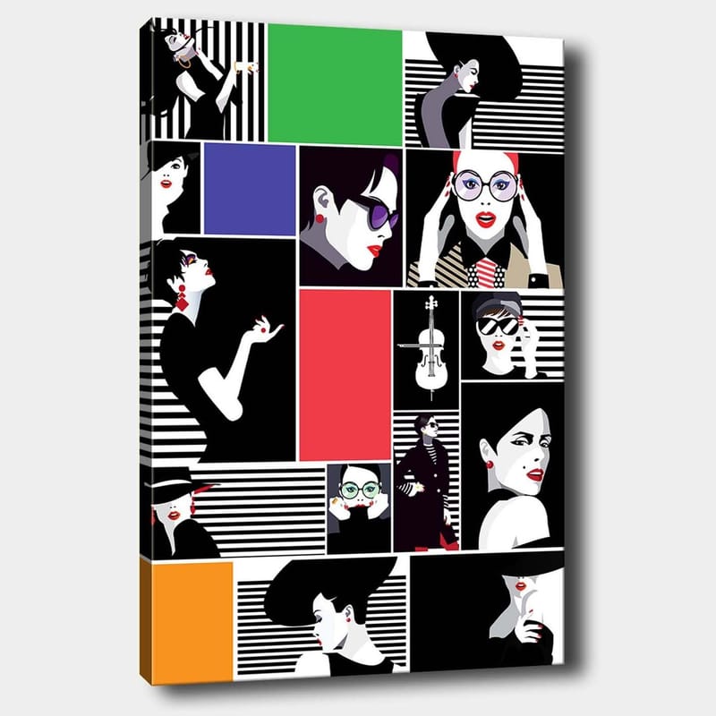 Lærred 70x100 cm - Stiliseret collage af modeikoner med stærke udtryk og forskellige accessories, Sort / Rød / Grøn