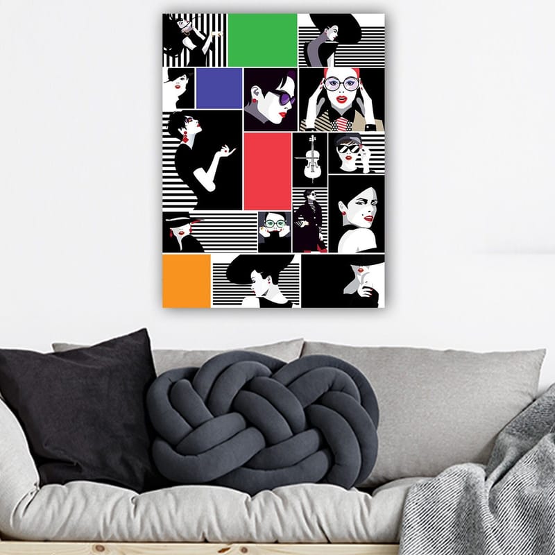 Lærred 70x100 cm - Stiliseret collage af modeikoner med stærke udtryk og forskellige accessories - Sort / Rød / Grøn - Boligtilbehør - Billeder & kunst - Billeder på lærred