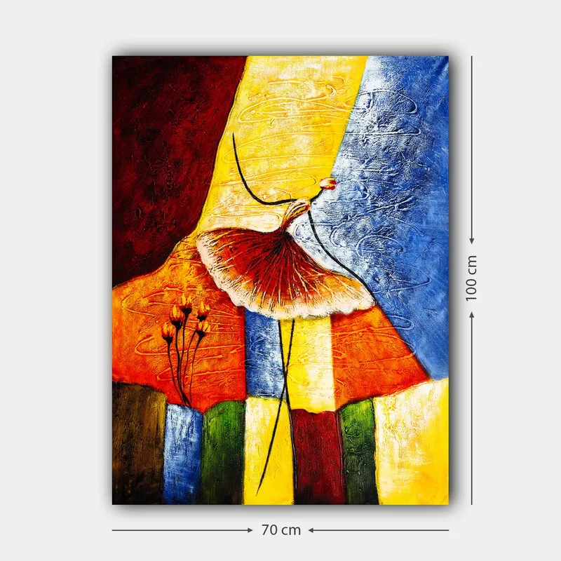 Lærred 70x100 cm - Stiliseret dansende kvinde med rød nederdel mod en farverig baggrund - Rød / Gul / Blå - Boligtilbehør - Billeder & kunst - Billeder på lærred