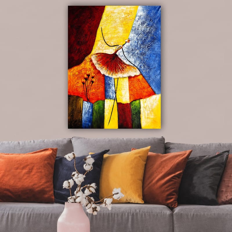 Lærred 70x100 cm - Stiliseret dansende kvinde med rød nederdel mod en farverig baggrund - Rød / Gul / Blå - Boligtilbehør - Billeder & kunst - Billeder på lærred