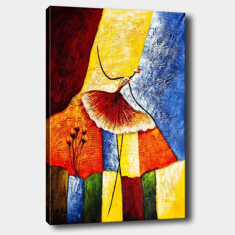 Lærred 70x100 cm - Stiliseret dansende kvinde med rød nederdel mod en farverig baggrund, Rød / Gul / Blå