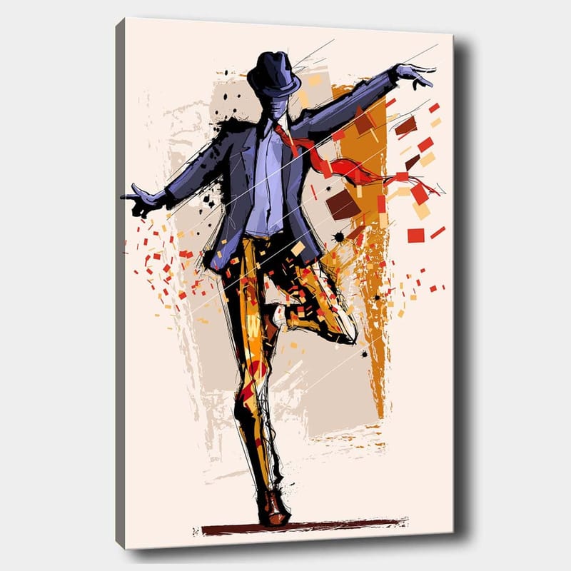 Lærred 70x100 cm - Stiliseret danser i kostume med hat, der udtrykker bevægelse og energi, Mørkeblå / Orange / Rød