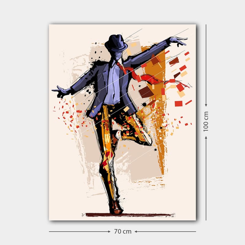 Lærred 70x100 cm - Stiliseret danser i kostume med hat, der udtrykker bevægelse og energi - Mørkeblå / Orange / Rød - Boligtilbehør - Billeder & kunst - Billeder på lærred