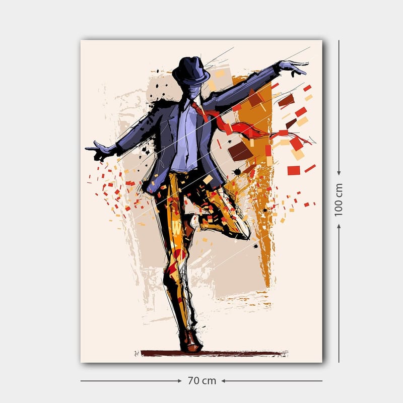 Lærred 70x100 cm - Stiliseret danser i kostume med hat, der udtrykker bevægelse og energi - Mørkeblå / Orange / Rød - Boligtilbehør - Billeder & kunst - Billeder på lærred