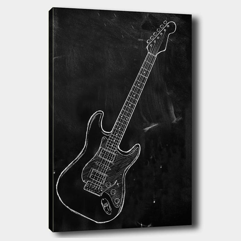 Lærred 70x100 cm - Stiliseret elektrisk guitar tegnet med kridt på sort baggrund, Sort / Hvid