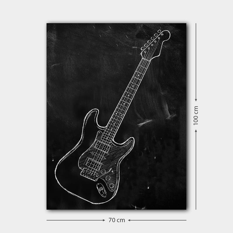 Lærred 70x100 cm - Stiliseret elektrisk guitar tegnet med kridt på sort baggrund - Sort / Hvid - Boligtilbehør - Billeder & kunst - Billeder på lærred
