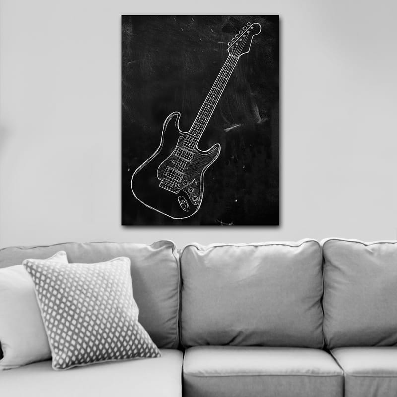 Lærred 70x100 cm - Stiliseret elektrisk guitar tegnet med kridt på sort baggrund - Sort / Hvid - Boligtilbehør - Billeder & kunst - Billeder på lærred
