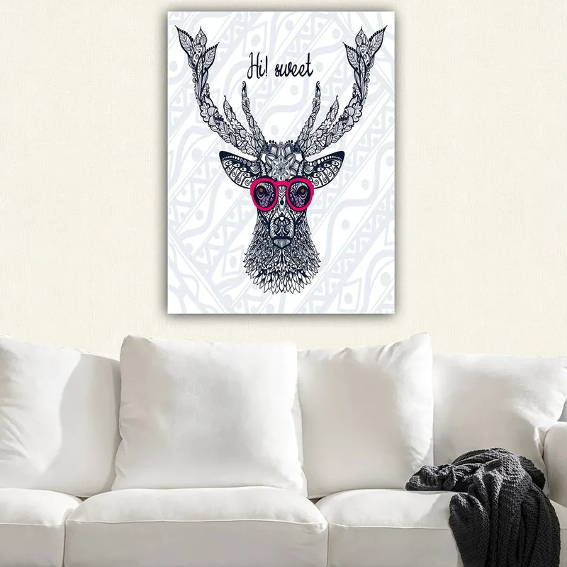 Lærred 70x100 cm - Stiliseret elg med briller og dekorative detaljer, Mørkeblå / Lyserød