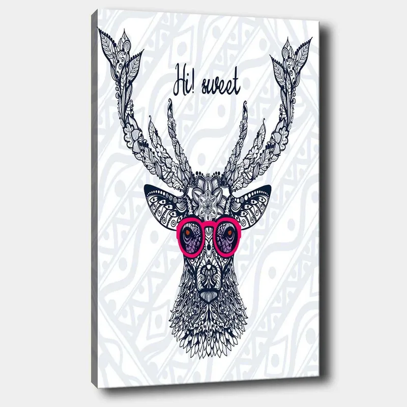 Lærred 70x100 cm - Stiliseret elg med briller og dekorative detaljer - Mørkeblå / Lyserød - Boligtilbehør - Billeder & kunst - Billeder på lærred