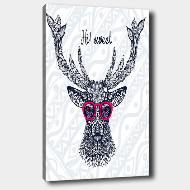 Lærred 70x100 cm - Stiliseret elg med briller og dekorative detaljer - Mørkeblå / Lyserød - Boligtilbehør - Billeder & kunst - Billeder på lærred