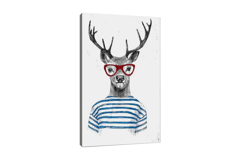 Lærred 70x100 cm - Stiliseret elg med briller og stribet sweater, Sort / Rød / Blå