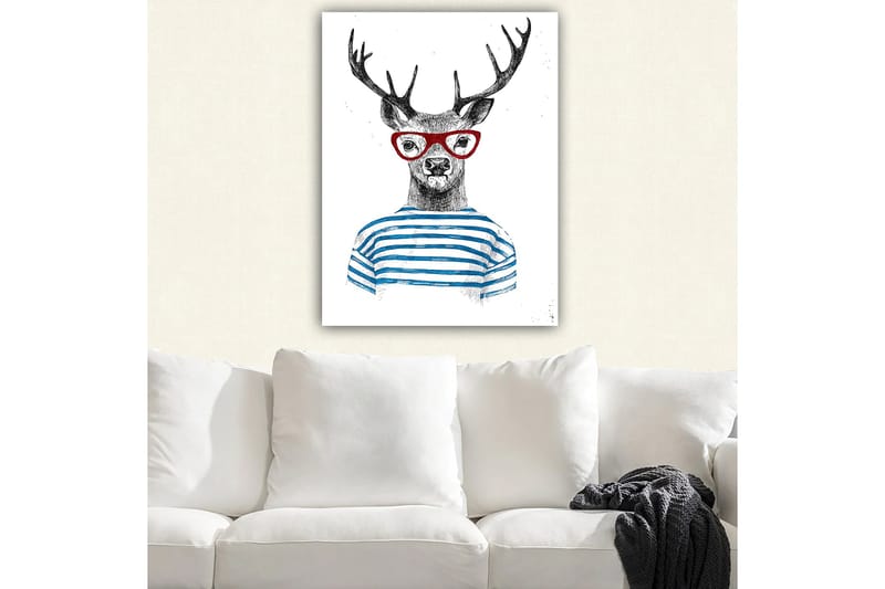 Lærred 70x100 cm - Stiliseret elg med briller og stribet sweater - Sort / Rød / Blå - Boligtilbehør - Billeder & kunst - Billeder på lærred