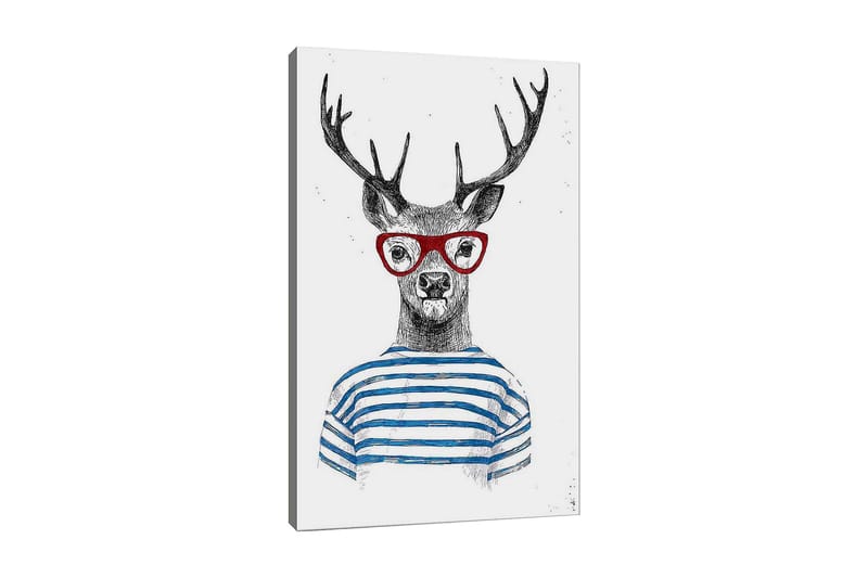 Lærred 70x100 cm - Stiliseret elg med briller og stribet sweater, Sort / Rød / Blå