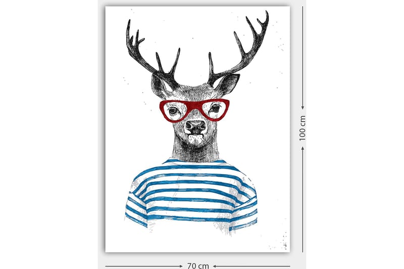 Lærred 70x100 cm - Stiliseret elg med briller og stribet sweater - Sort / Rød / Blå - Boligtilbehør - Billeder & kunst - Billeder på lærred