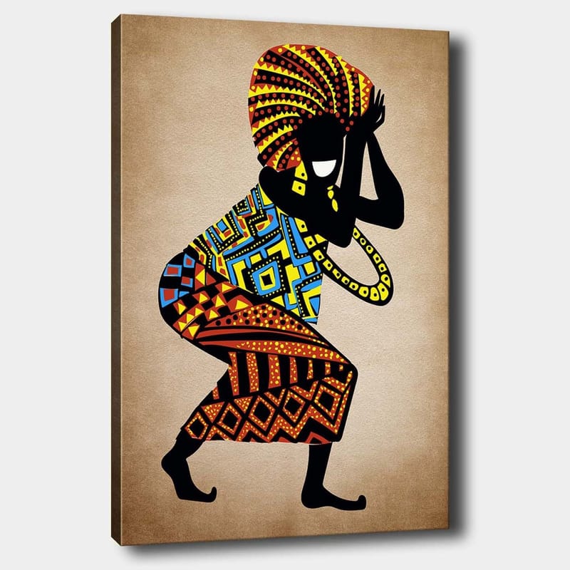 Lærred 70x100 cm - Stiliseret figur med farverige mønstre, der danser med en stor hovedbeklædning - Sort / Rød / Blå - Boligtilbehør - Billeder & kunst - Billeder på lærred