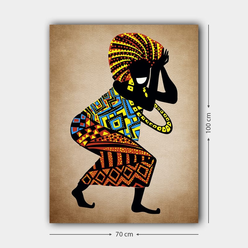 Lærred 70x100 cm - Stiliseret figur med farverige mønstre, der danser med en stor hovedbeklædning - Sort / Rød / Blå - Boligtilbehør - Billeder & kunst - Billeder på lærred