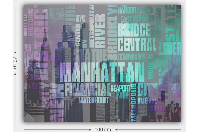 Lærred 70x100 cm - Stiliseret gengivelse af Manhattan med fokus på byens navn og ikoniske bygninger - Lilla / Turkis / Grå - Boligtilbehør - Billeder & kunst - Billeder på lærred