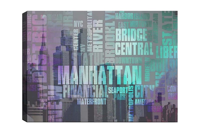 Lærred 70x100 cm - Stiliseret gengivelse af Manhattan med fokus på byens navn og ikoniske bygninger, Lilla / Turkis / Grå