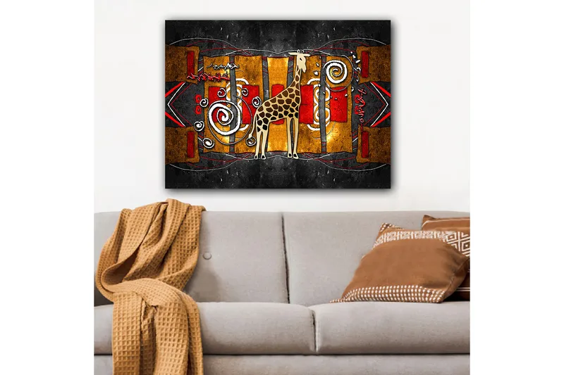 Lærred 70x100 cm - Stiliseret giraf i en farverig abstrakt komposition - Brun / Rød / Guld - Boligtilbehør - Billeder & kunst - Billeder på lærred