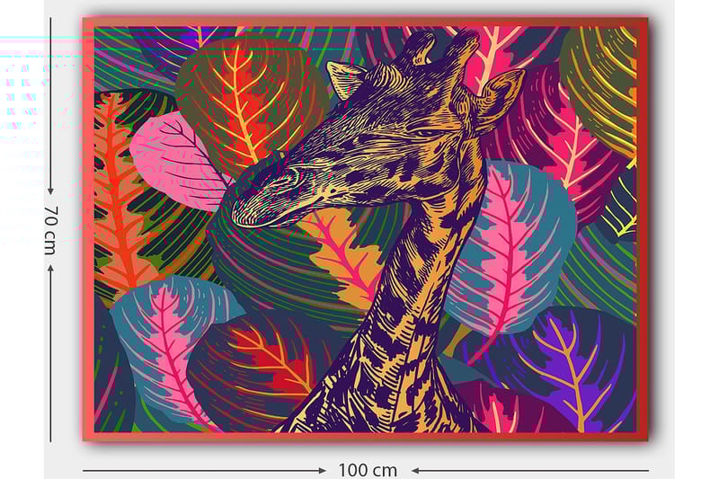 Lærred 70x100 cm - Stiliseret giraf omgivet af farverigt løv - Lilla / Grøn / Orange - Boligtilbehør - Billeder & kunst - Billeder på lærred