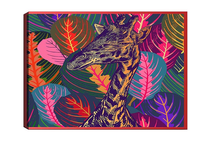 Lærred 70x100 cm - Stiliseret giraf omgivet af farverigt løv, Lilla / Grøn / Orange