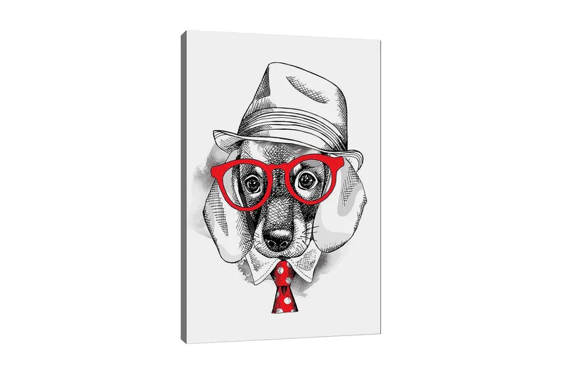 Lærred 70x100 cm - Stiliseret hund i en klædt hat og briller, med et rødt slips med hvide prikker, Rød / Sort / Hvid