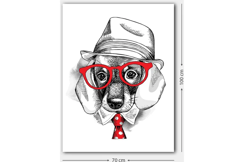 Lærred 70x100 cm - Stiliseret hund i en klædt hat og briller, med et rødt slips med hvide prikker - Rød / Sort / Hvid - Boligtilbehør - Billeder & kunst - Billeder på lærred