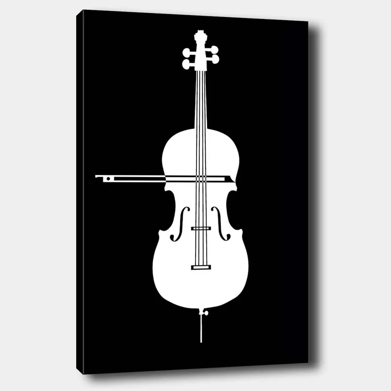 Lærred 70x100 cm - Stiliseret hvid violin mod en sort baggrund, Hvid / Sort