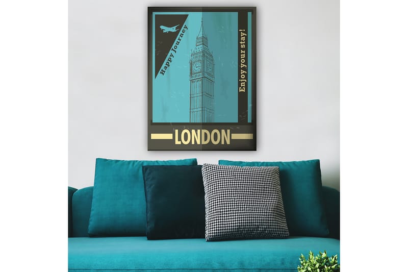 Lærred 70x100 cm - Stiliseret illustration af Big Ben med et retro rejseinspireret design - Turkis / Sort / Guld - Boligtilbehør - Billeder & kunst - Billeder på lærred