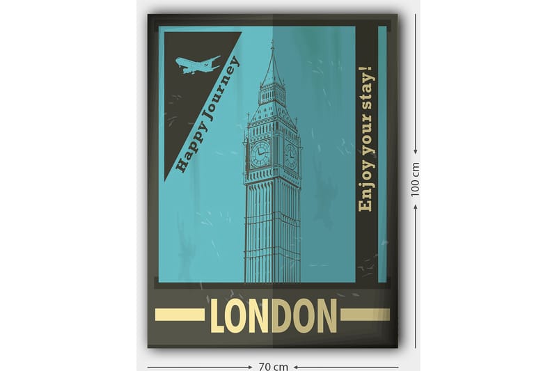 Lærred 70x100 cm - Stiliseret illustration af Big Ben med et retro rejseinspireret design - Turkis / Sort / Guld - Boligtilbehør - Billeder & kunst - Billeder på lærred