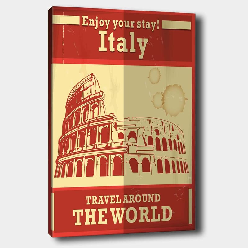 Lærred 70x100 cm - Stiliseret illustration af Colosseum i Rom med en rød og beige farvepalet, Rød / Beige