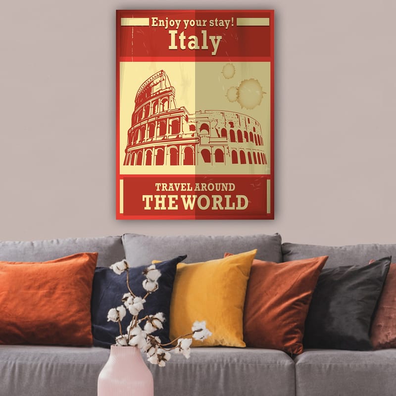 Lærred 70x100 cm - Stiliseret illustration af Colosseum i Rom med en rød og beige farvepalet - Rød / Beige - Boligtilbehør - Billeder & kunst - Billeder på lærred