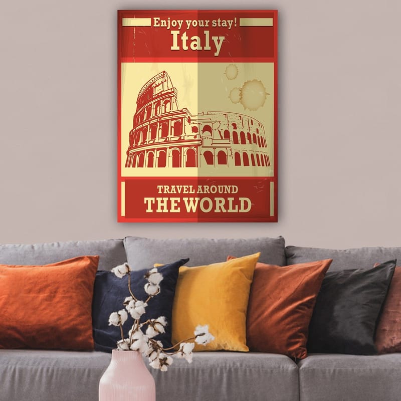 Lærred 70x100 cm - Stiliseret illustration af Colosseum i Rom med en rød og beige farvepalet - Rød / Beige - Boligtilbehør - Billeder & kunst - Billeder på lærred