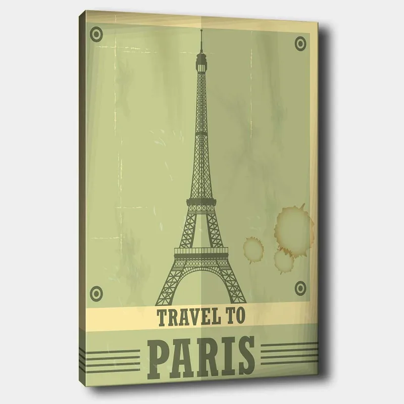Lærred 70x100 cm - Stiliseret illustration af Eiffeltårnet med et vintage-look, Grøn / Beige