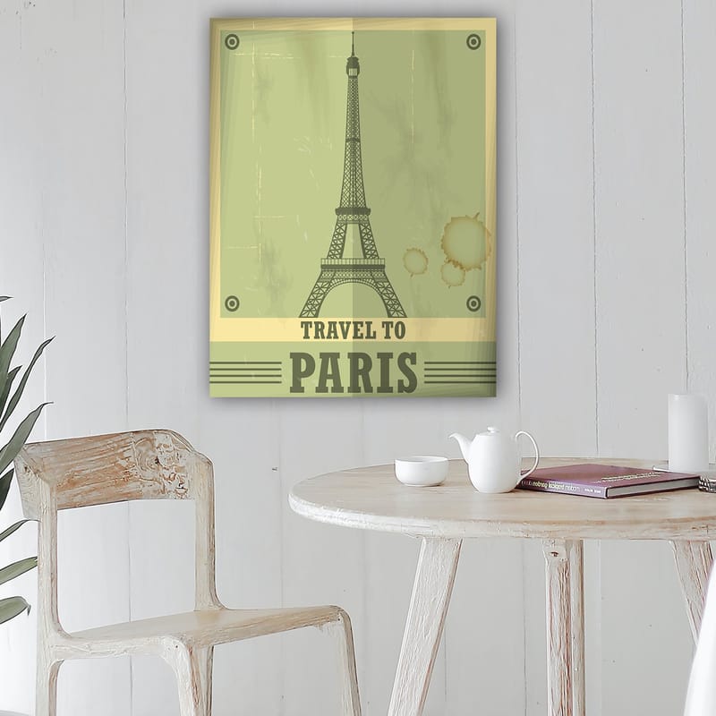 Lærred 70x100 cm - Stiliseret illustration af Eiffeltårnet med et vintage-look - Grøn / Beige - Boligtilbehør - Billeder & kunst - Billeder på lærred