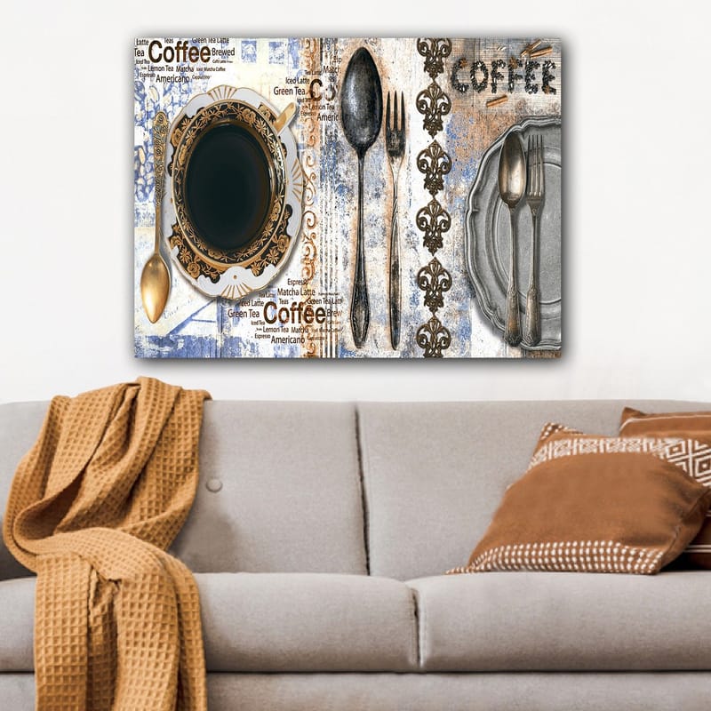 Lærred 70x100 cm - Stiliseret kaffekop med bestik og tekst, der fremhæver de forskellige kaffesorter - Sort / Guld / Grå - Boligtilbehør - Billeder & kunst - Billeder på lærred