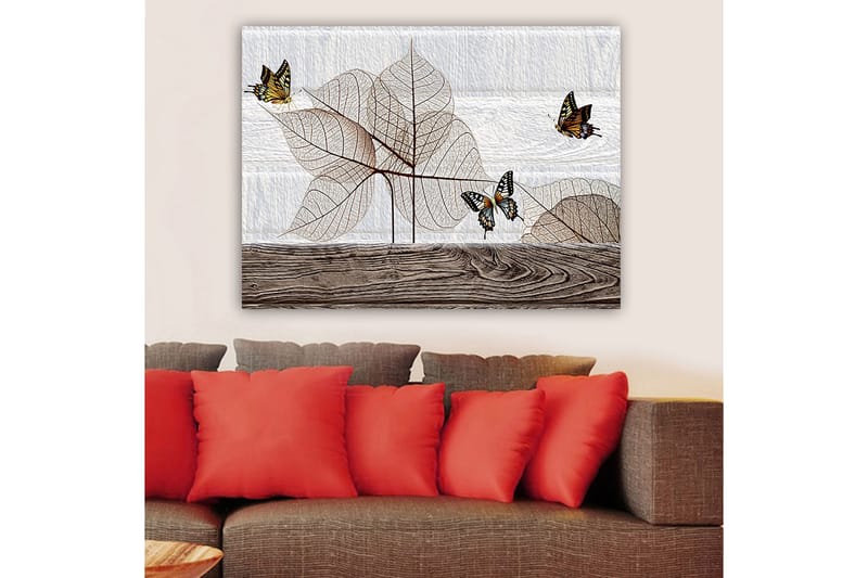 Lærred 70x100 cm - Stiliseret komposition af sommerfugle, der svæver over gennemskinnelige blade på en træoverflade - Beige / Brun / Sort - Boligtilbehør - Billeder & kunst - Billeder på lærred