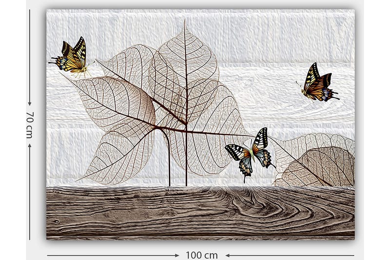 Lærred 70x100 cm - Stiliseret komposition af sommerfugle, der svæver over gennemskinnelige blade på en træoverflade - Beige / Brun / Sort - Boligtilbehør - Billeder & kunst - Billeder på lærred